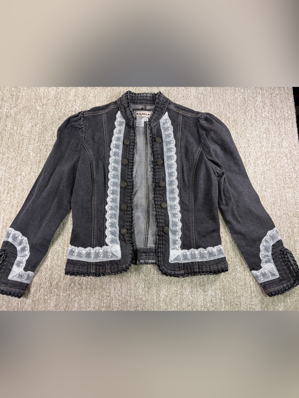 Verve Ami Vintage Black Denim Jacket with White Lace Trim Accents